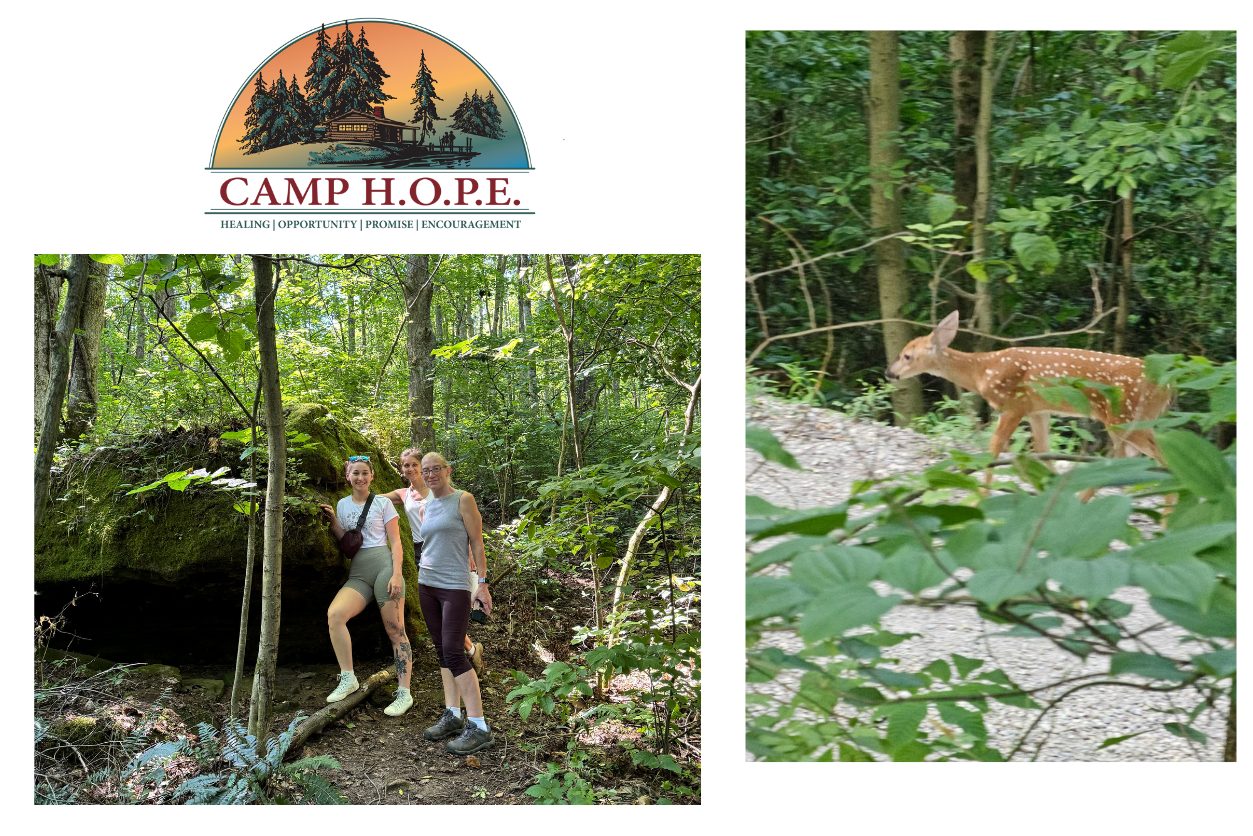 Retreat guests on a wooded trail and a fawn crossing a gravel path, under the Camp H.O.P.E. logo
