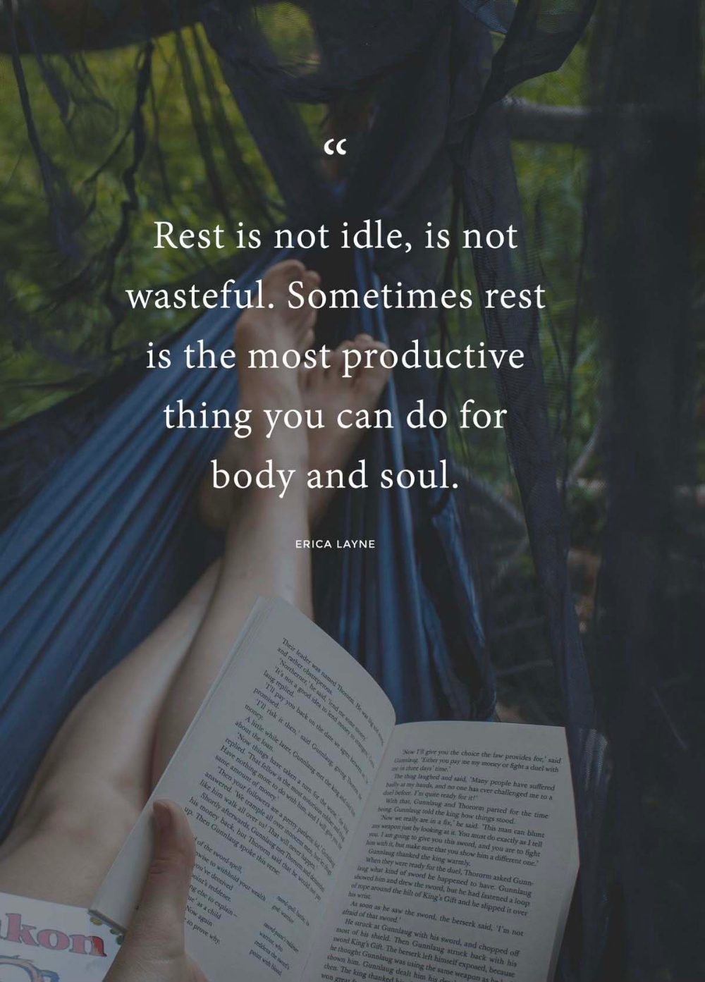 Reading a book while lying in a hammock, above the words: rest is not idle, is not wasteful
